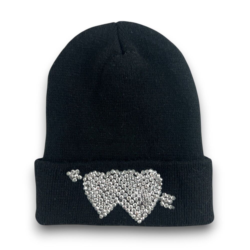 Black Rhinestone Embellished Cupid Hearts Y2K True Style Beanie Unisex Bedazzled
